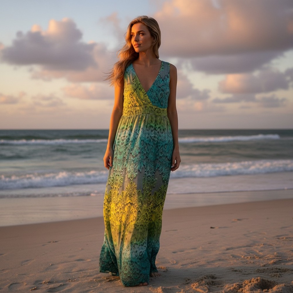 Boho Maxi Dress Tropical Mermaidcore‎ Green Abstract Animal Print V-Neck Y2K